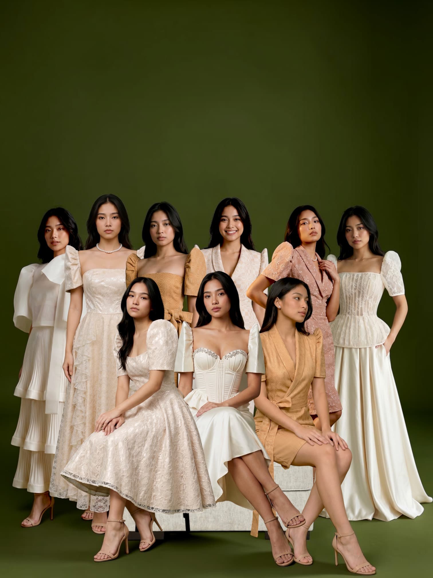 The Arquila collection, photographed together on an olive backdrop